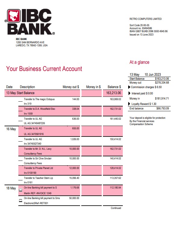 Modèle Word et PDF de relevé de compte courant d'entreprise IBC Bank